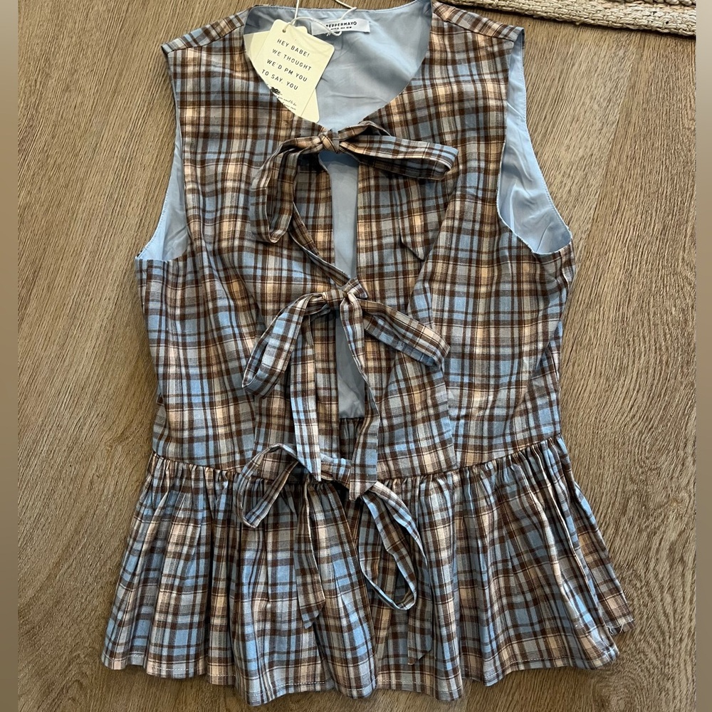 Peppermayo Brown and Blue Plaid Sleeveless Blouse